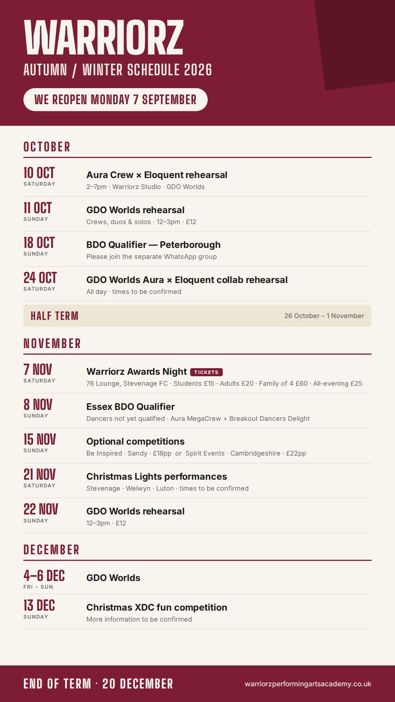 Warriorz Performing Arts Academy autumn and winter schedule for 2026, listing rehearsals, qualifiers, Awards Night and Christmas performances from October to December